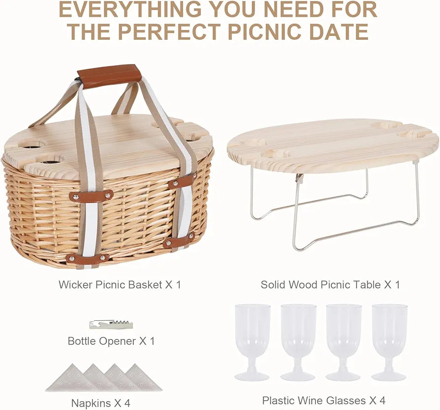 Picnic Basket Set for 4 - Wicker Insulated Basket with Wine Table