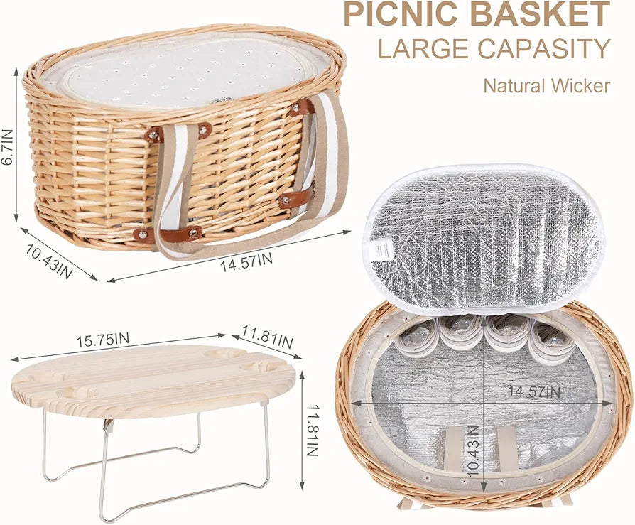 Picnic Basket Set for 4 - Wicker Insulated Basket with Wine Table