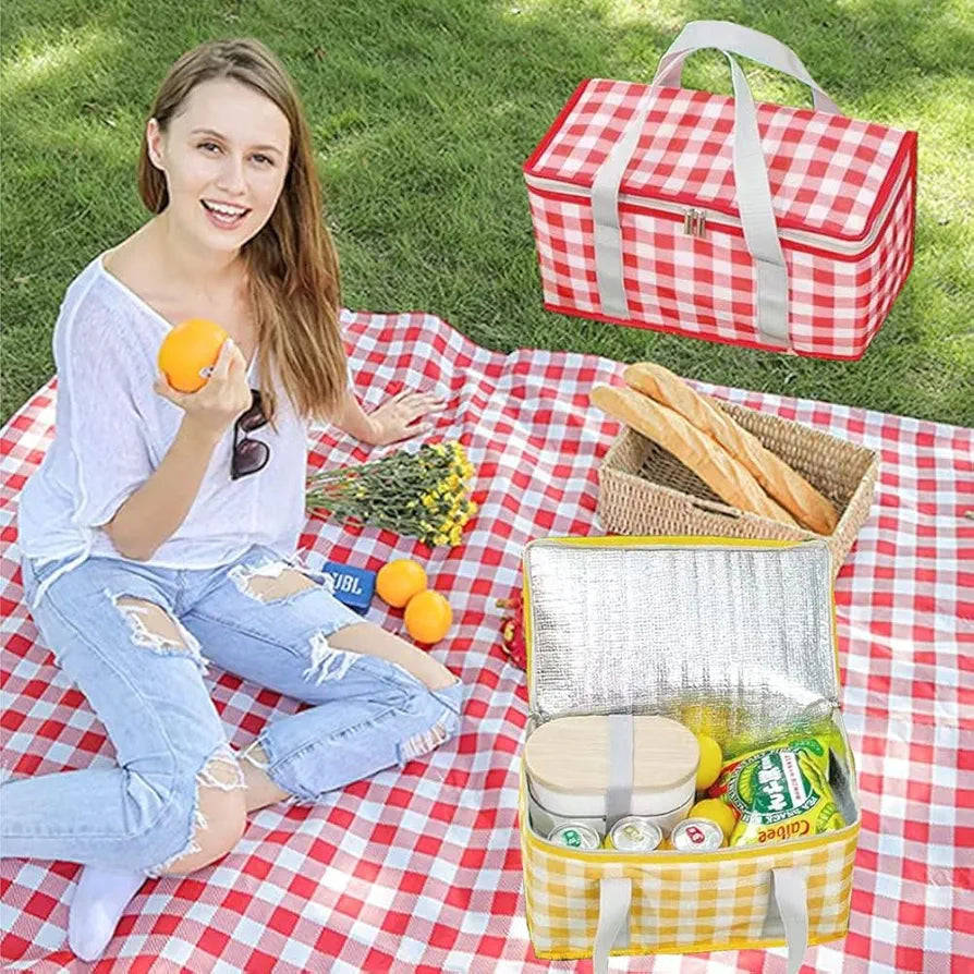 Insulated Reusable Food Picnic Bag, Cooler Bag with Zippered Top