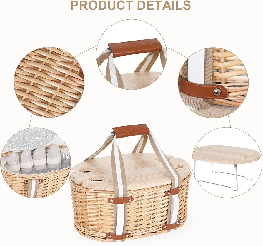 Picnic Basket Set for 4 - Wicker Insulated Basket with Wine Table