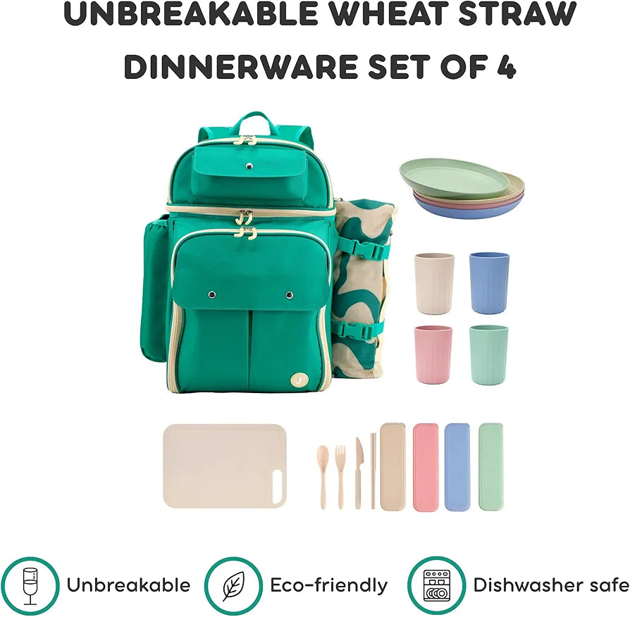 J World Picnic Backpack Cooler for 4 with Waterproof Blanket, Green