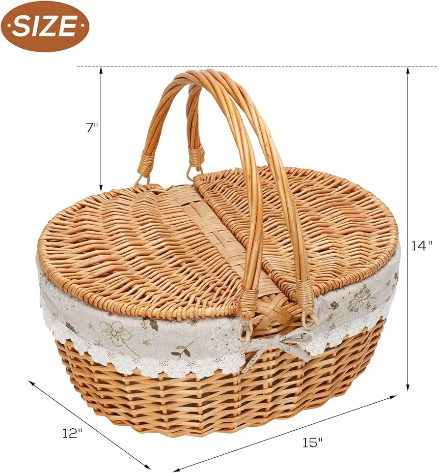 ZORMY 15" Wicker Picnic Basket with Removable Liner and Folding Handles