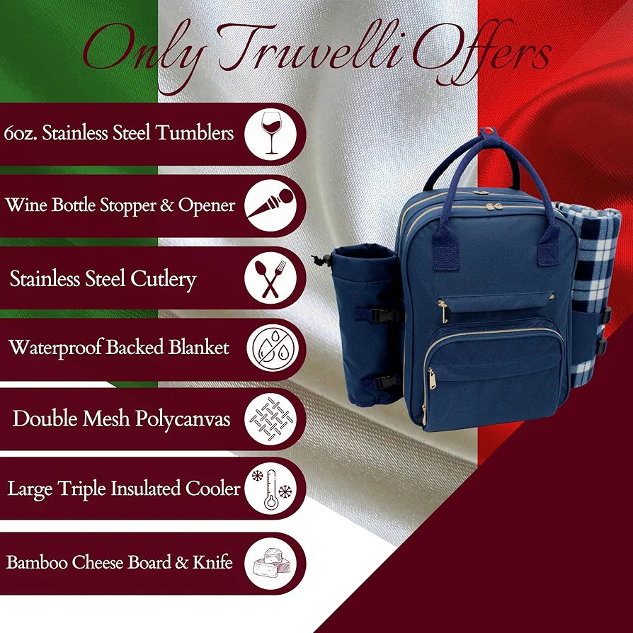 Truvelli Picnic Backpack for 2 with Blanket - 12-in-1 Insulated Set