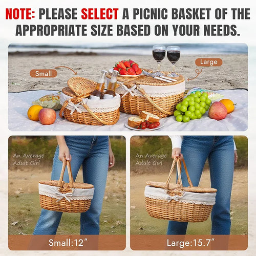 Happypicnic Wicker Picnic Basket with Handle, 15" Large Empty Basket