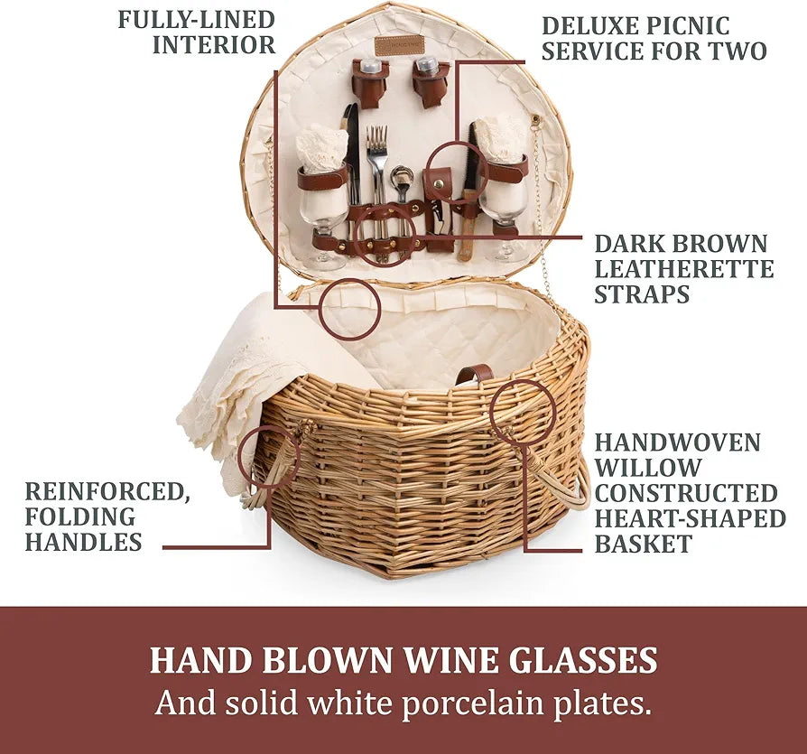 PICNIC TIME Heart Picnic Basket for 2, Deluxe Service for Two