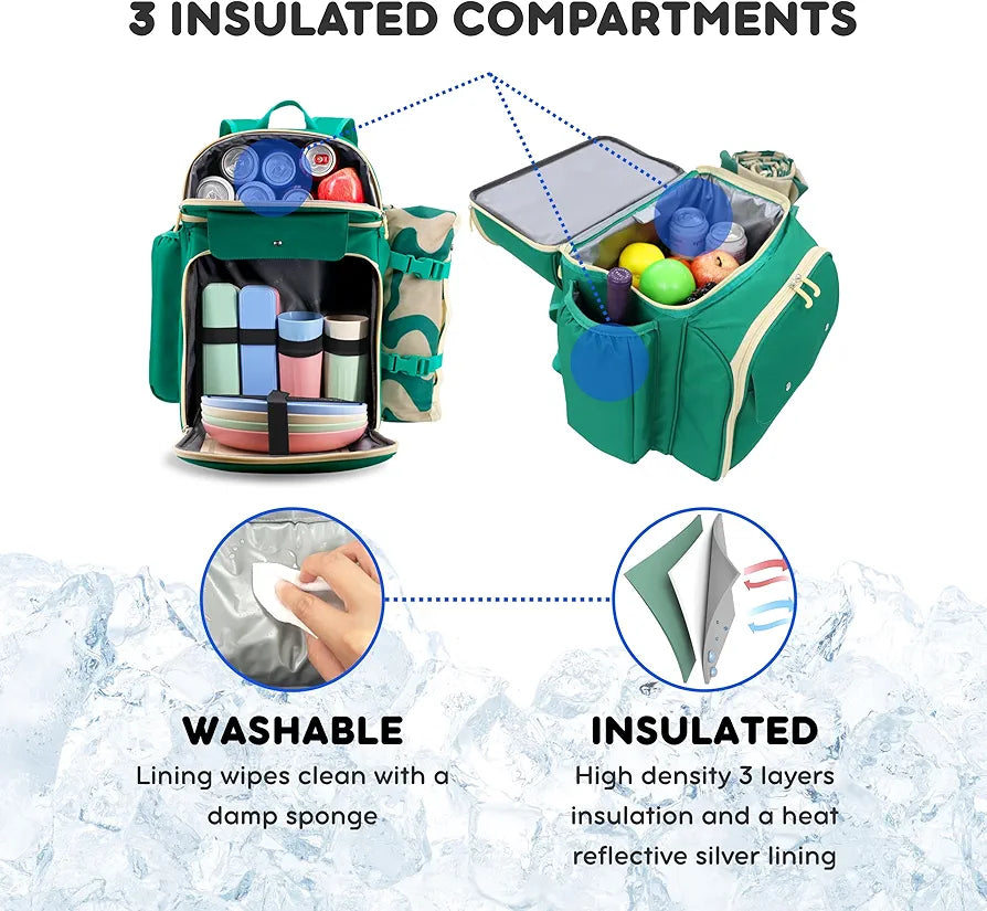 J World Picnic Backpack Cooler for 4 with Waterproof Blanket, Green