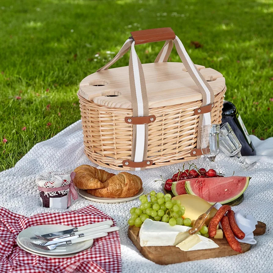 Picnic Basket Set for 4 - Wicker Insulated Basket with Wine Table