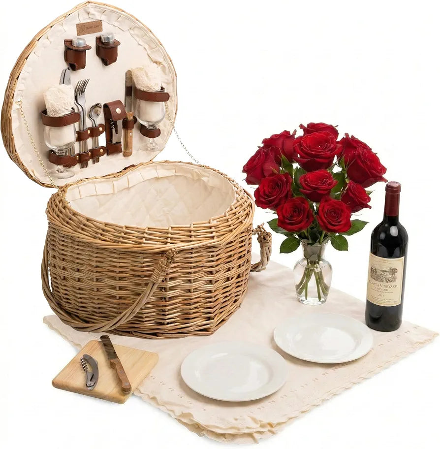 PICNIC TIME Heart Picnic Basket for 2, Deluxe Service for Two
