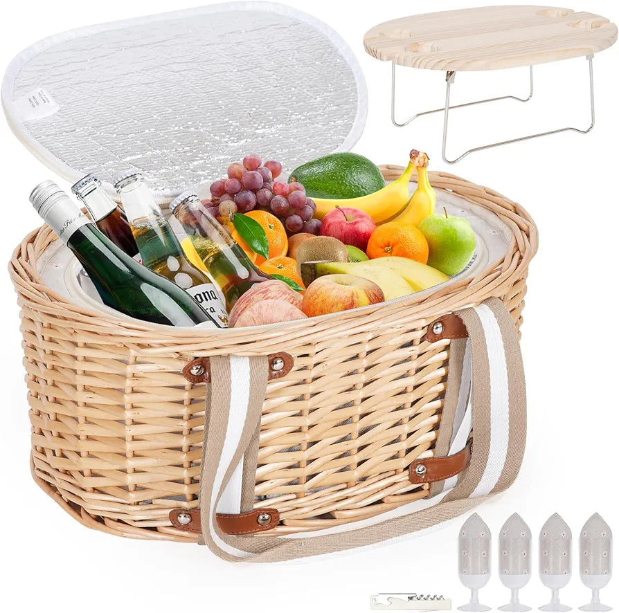 Picnic Basket Set for 4 - Wicker Insulated Basket with Wine Table