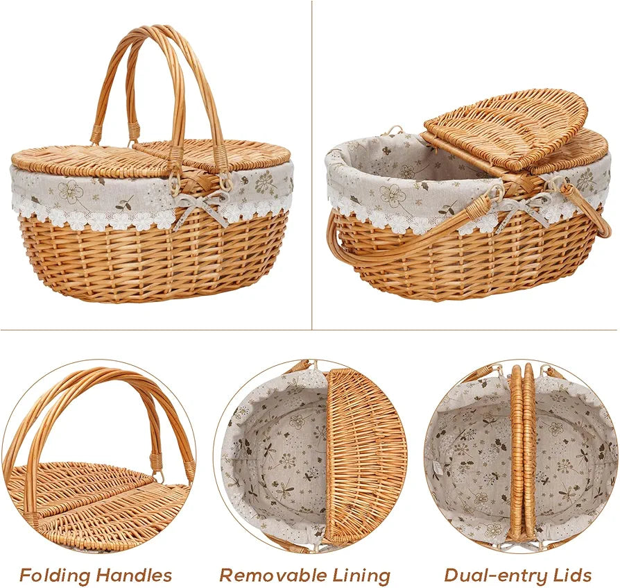 ZORMY 15" Wicker Picnic Basket with Removable Liner and Folding Handles