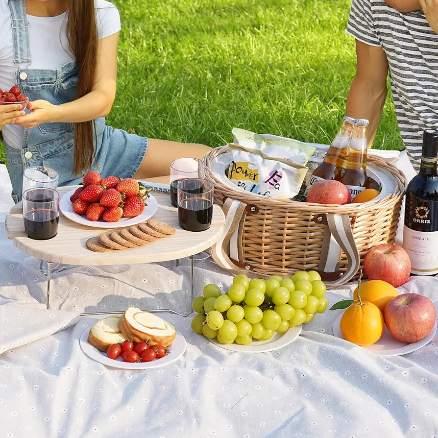 Picnic Basket Set for 4 - Wicker Insulated Basket with Wine Table