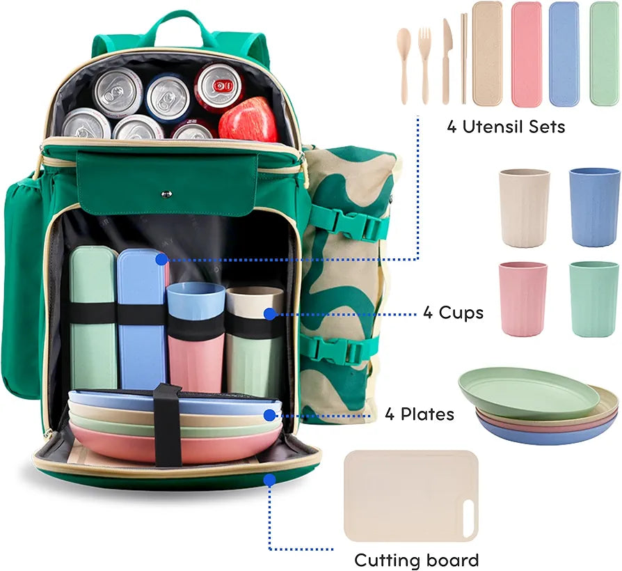 J World Picnic Backpack Cooler for 4 with Waterproof Blanket, Green