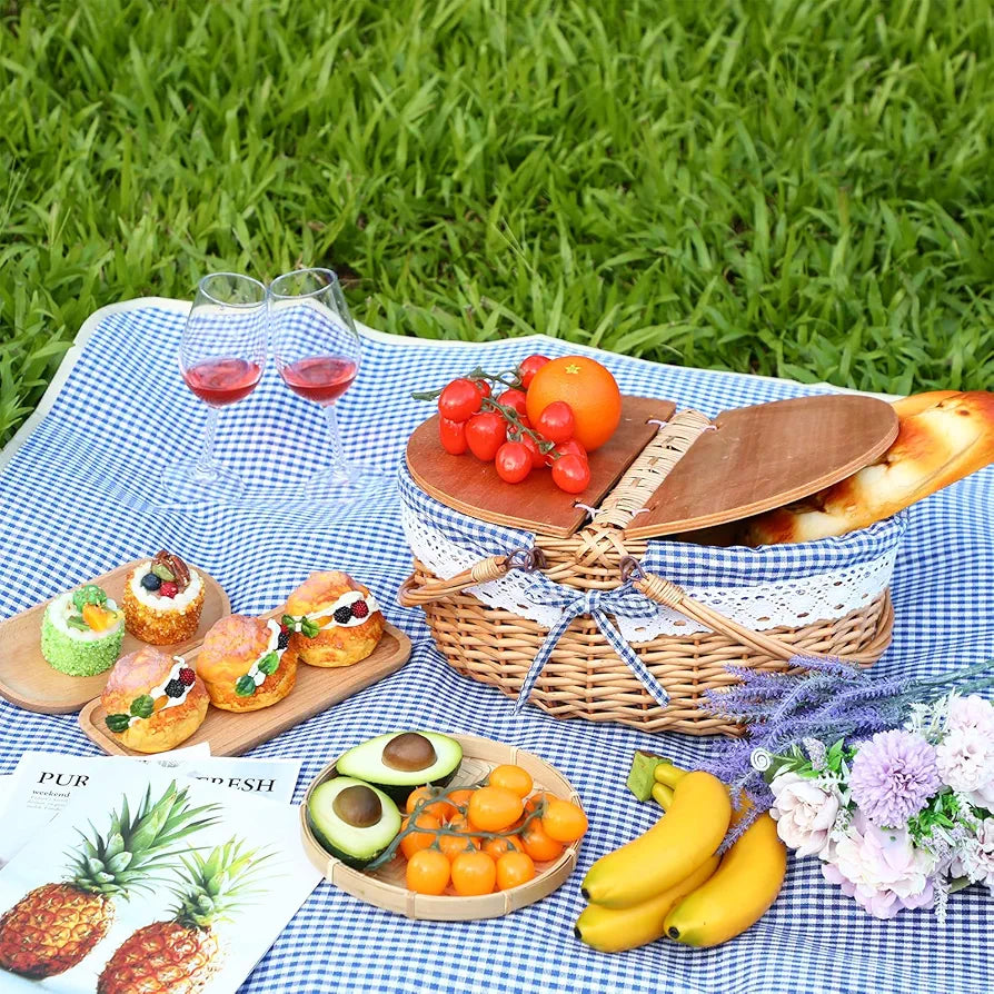 Wicker Picnic Basket with Blanket Set Vintage Picnic Basket with Lid