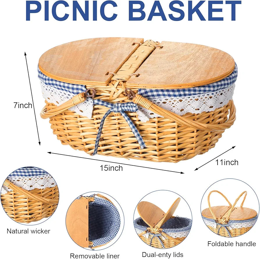 Wicker Picnic Basket with Blanket Set Vintage Picnic Basket with Lid
