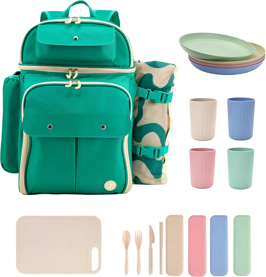 J World Picnic Backpack Cooler for 4 with Waterproof Blanket, Green