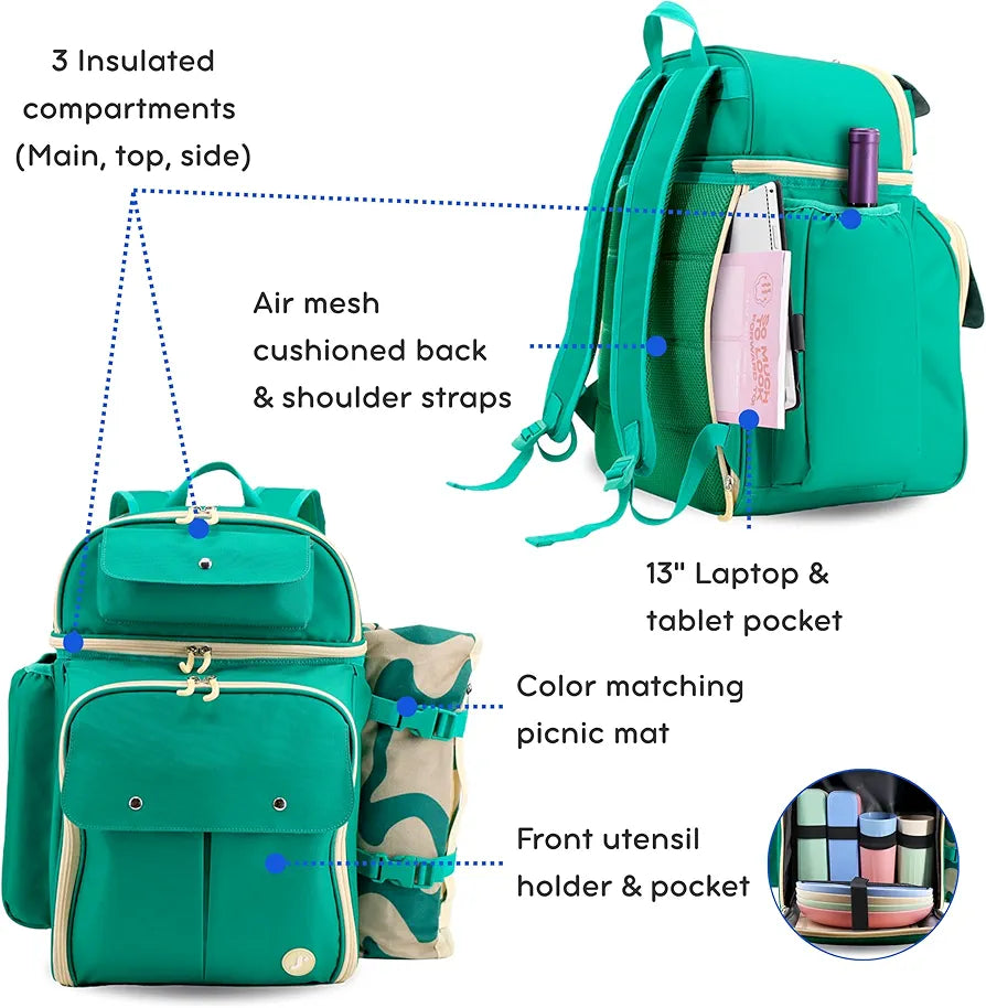 J World Picnic Backpack Cooler for 4 with Waterproof Blanket, Green