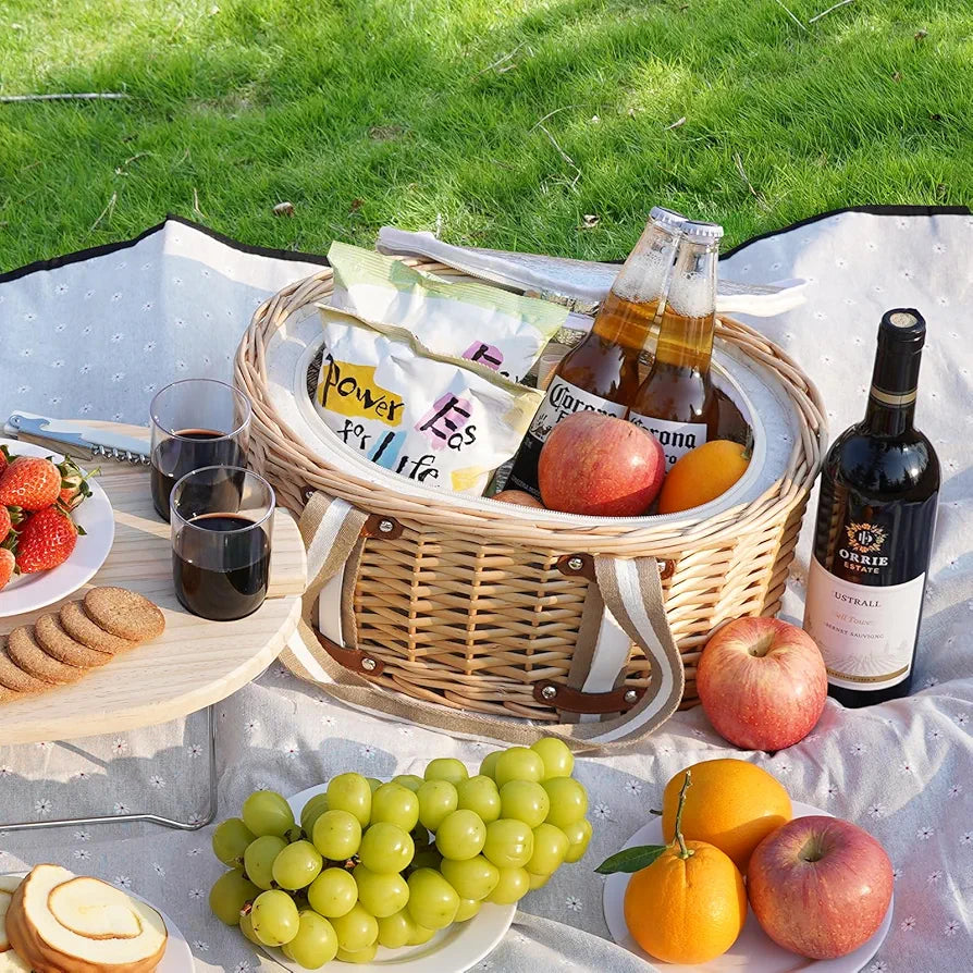 Picnic Basket Set for 4 - Wicker Insulated Basket with Wine Table