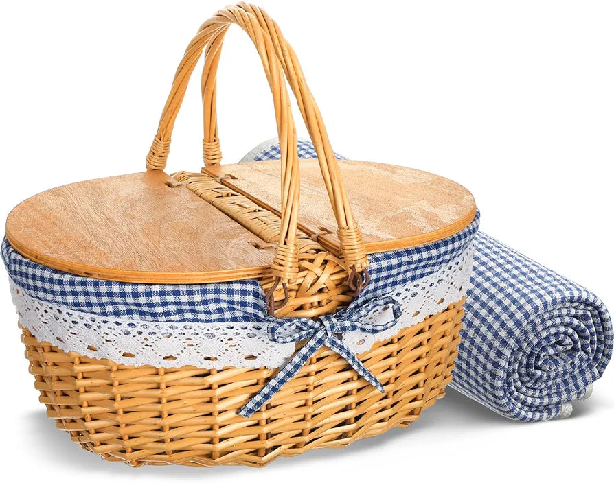 Wicker Picnic Basket with Blanket Set Vintage Picnic Basket with Lid