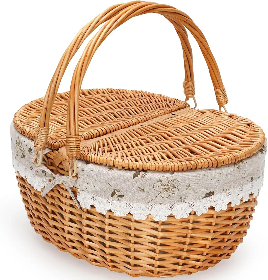 ZORMY 15" Wicker Picnic Basket with Removable Liner and Folding Handles